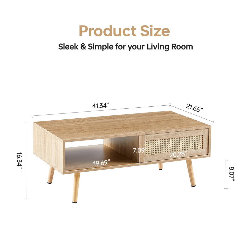 41.3 Inch Wooden Coffee Table with Storage, Modern Rectangle Accent Center Sofa Table with Sliding PE Rattan Woven