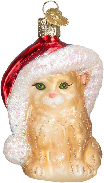 Santa's Kitten Glass Blown Ornament, Handcrafted Holiday Decoration, Santa Collection