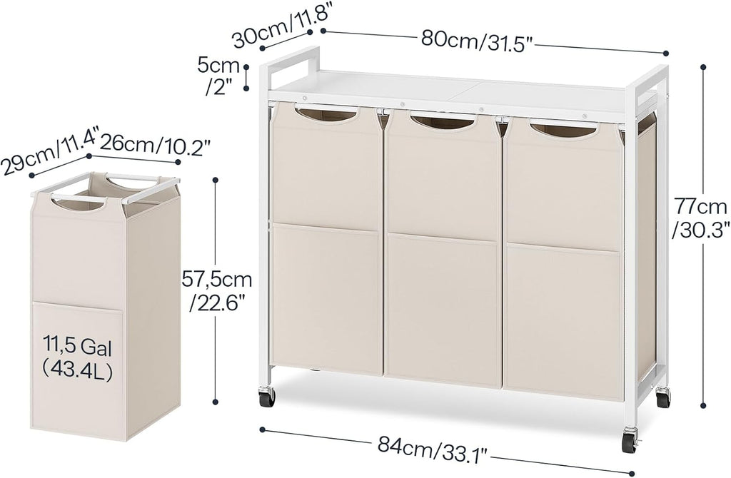 Laundry Sorter 3 Section, Laundry Hamper with Wheels, 3 × 11.5 Gal (43.4L), Rolling Laundry Basket, Pull-Out and