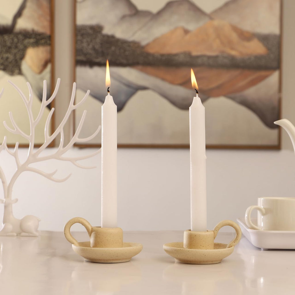 2 Pcs Ceramic Taper Candle Holder with Handle, Tapered Nordic Style Candle Stick Holders, Candlestick for Wedding