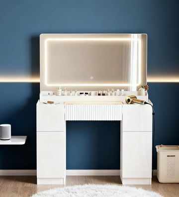 Vanity Desk with Large Mirror and Lights, Modern Glass Top Makeup Vanity Set with Power Outlet, 3 Drawers and 2