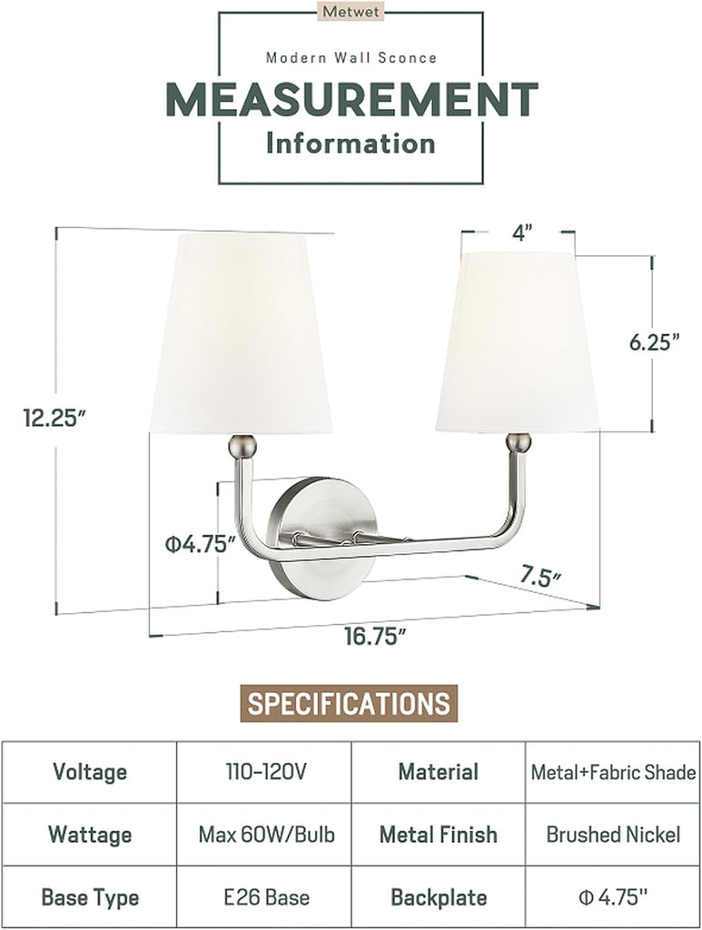 2-Light Brushed Nickel Bathroom Vanity Light, White Fabric Shades | 17" double wall sconce, upward only, E26 base