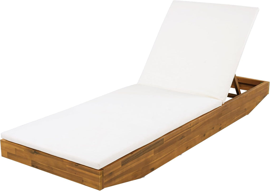 2 PCS Outdoor Lounge Chaise with 2-Fold Thin Cushions, Teak Finish Acacia Wood Lounge Chair Lounge with Cream Cushion