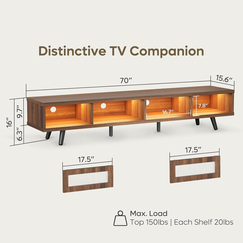 Mid Century Modern TV Stand for 75 inch TV, LED Entertainment Center with Storage and Sliding Doors, Low Profile TV