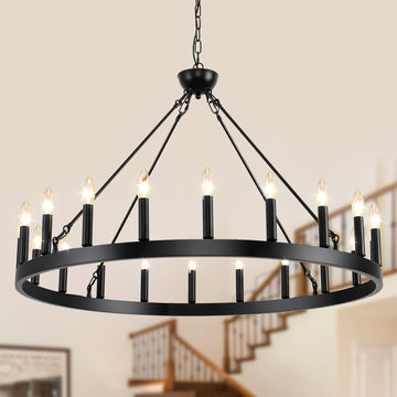 Wagon Wheel Chandeliers 40" 20-Light, Black Modern Farmhouse Chandelier with Adjustable Height