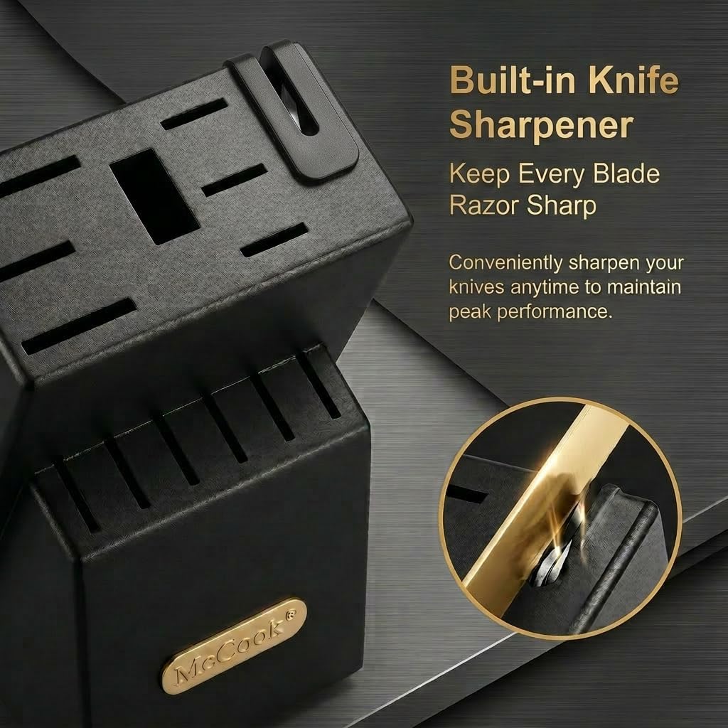 Knife Sets, Golden Titanium Stainless Steel Kitchen Knife Block Sets with Built-in Sharpener, 15 Piece Knives
