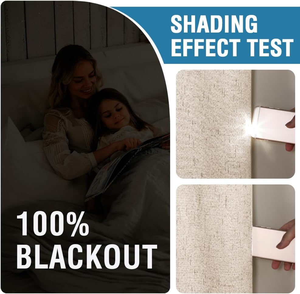 100% Blackout Curtains for Bedroom, Back Tab/Rod Pocket Faux Linen Black Out Cute Curtains 2 Panels
