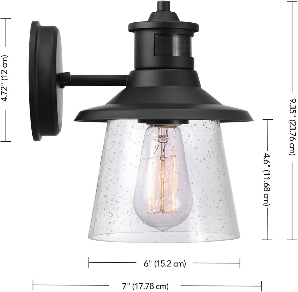 Electric 32982 1-Light Motion Sensor Wall Sconce, Outdoor, Matte Black, Clear Seeded Glass Shade, 150 Degrees, 30ft. Range, Farmhouse, E26 Bulb, Porch Light, Weather Resistant