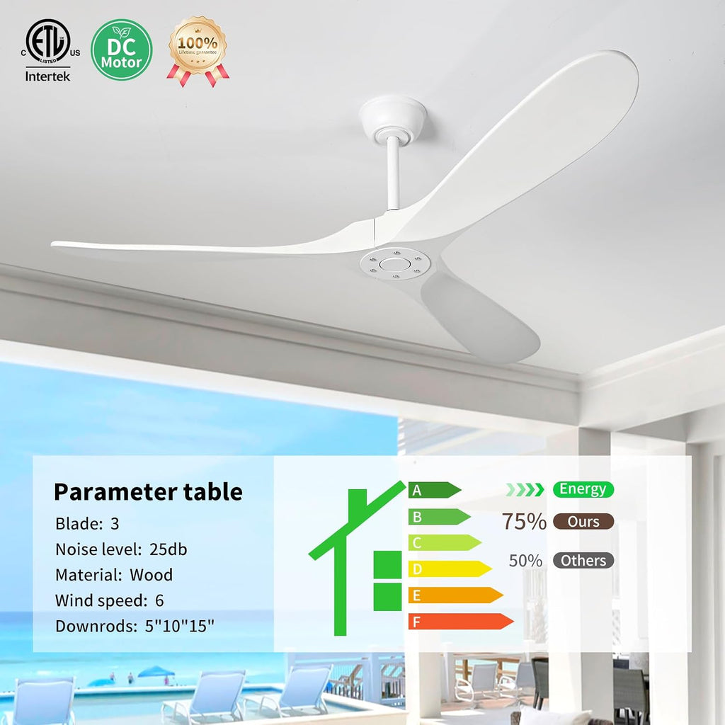 Inspired Maverick Style 72" White Wood Ceiling Fan with Solid Wood Blades,Indoor/Outdoor 3-Blade DC Motor Ceiling Fans,Remote Control,6-Speed Silent Reversible Motor,Rustic Wooden Ceiling Fan for Patio,Living Room,Bedroom