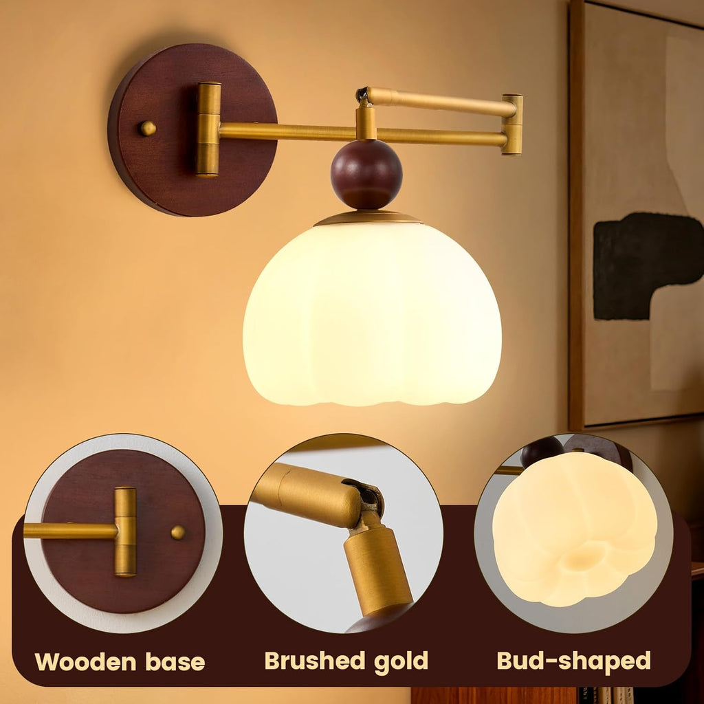 Swing Arm Wall Lamp, Mid Century Modern Adjustable Wall Sconce with Gold Metal Swing and Cream Dome Shade, Retro