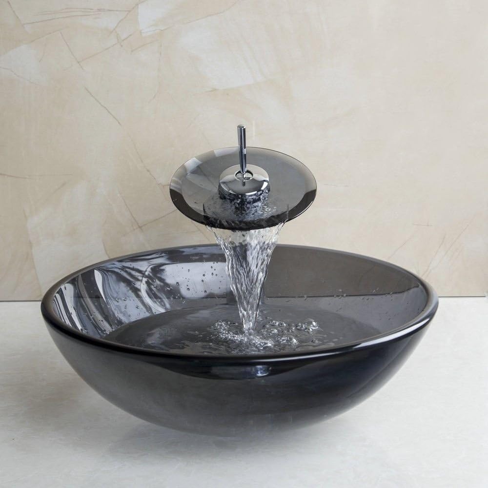 Vessel Sink Tempered Glass Round Bowl and Mixer Waterfall Faucet Drain Combo Set Grey Color