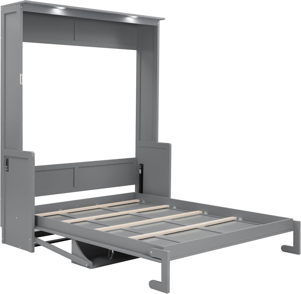 Queen Murphy Bed with Desk, LED Lights and USB Charging Ports, Wall-Mounted Space-Saving Bed, Solid MDF + Plywood