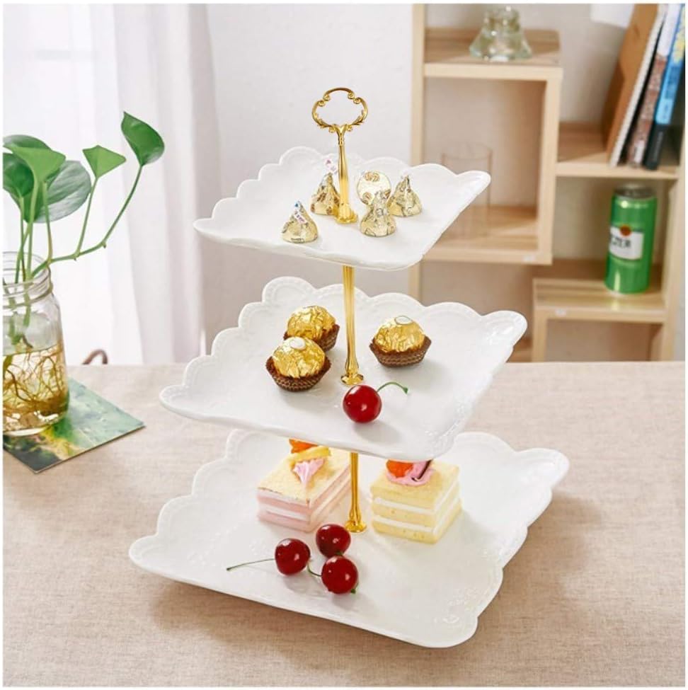 3 Tier Porcelain Cupcake Stand, Tiered Serving Cake Stand, Square White Embossed Dessert Stand, Weddings Parties