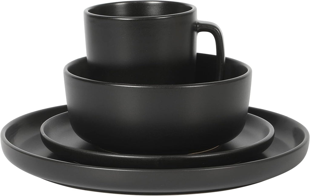 Zuma Stoneware Plates, Bowls, & Mugs Dinnerware Set - Matte Black, Service for Four (16pcs)