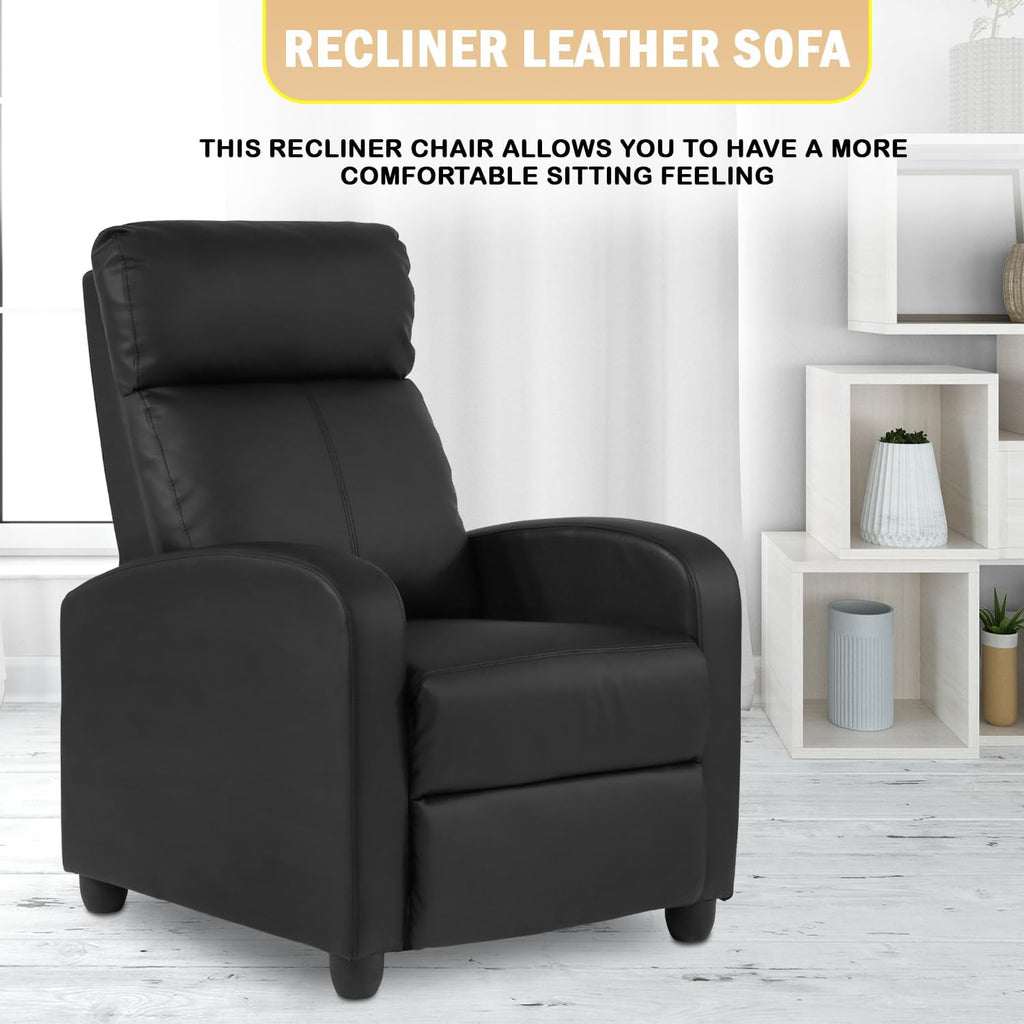 Recliner Chair Single Reclining Sofa Home Theater Seating with Lumbar Support and Padded Backrest for Living Room and Bedroom (Leather, Black)