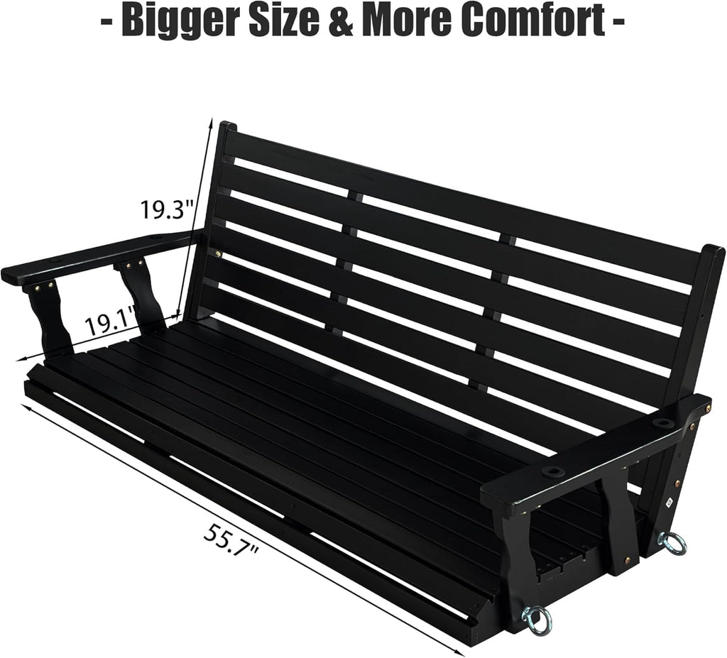 Wooden Porch Swing, Ergonomic Seat, Bench Swing with Hanging Chains and 7mm Springs, Heavy Duty 880 LBS, for Outdoor