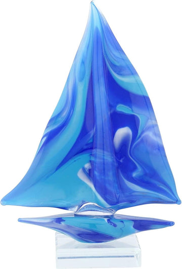 Sailboat On Base - Blue and Aqua Decorative Glass Sailboat Figurine Coastal Beach House Ornament Nautical Decor
