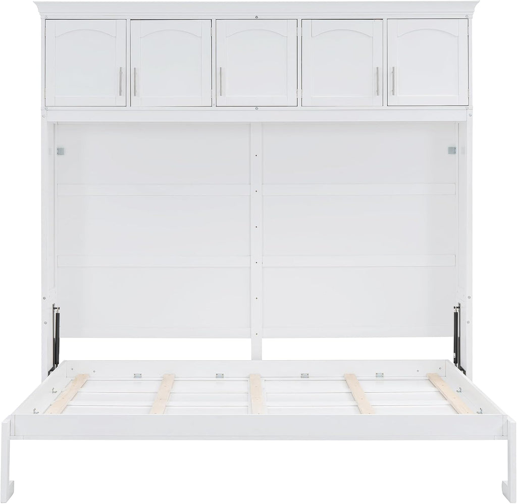 Modern Farmhouse Solid Wood Murphy Bed Chest with Top Cabinets, Tall Wall Platform Bed Space Saving/Wood Slat Support
