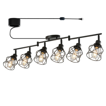 Dimmable Plug in Ceiling Light,Plug in Track Lighting,6 Light Black Industrial Farmhouse Ceiling Light with 16.5'