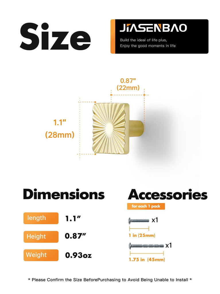 2 Pack Gold Cabinet Knobs Square Brushed Brass Drawer Pulls Bathroom Dresser Handles Hardware Zinc Alloy