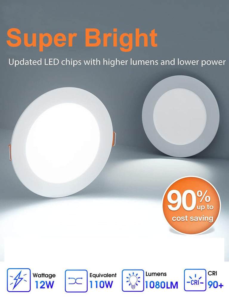 12 Pack 6 Inch Ultra-Thin LED Recessed Ceiling Light with Junction Box, 6000K Daylight White, 12W 110W Equivalent