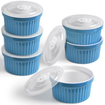 Porcelain Set with Lid, 240 ml / 8 Fl Ounces, Creme Brulee Souffle Cup for Baking, Set of 6, Blue