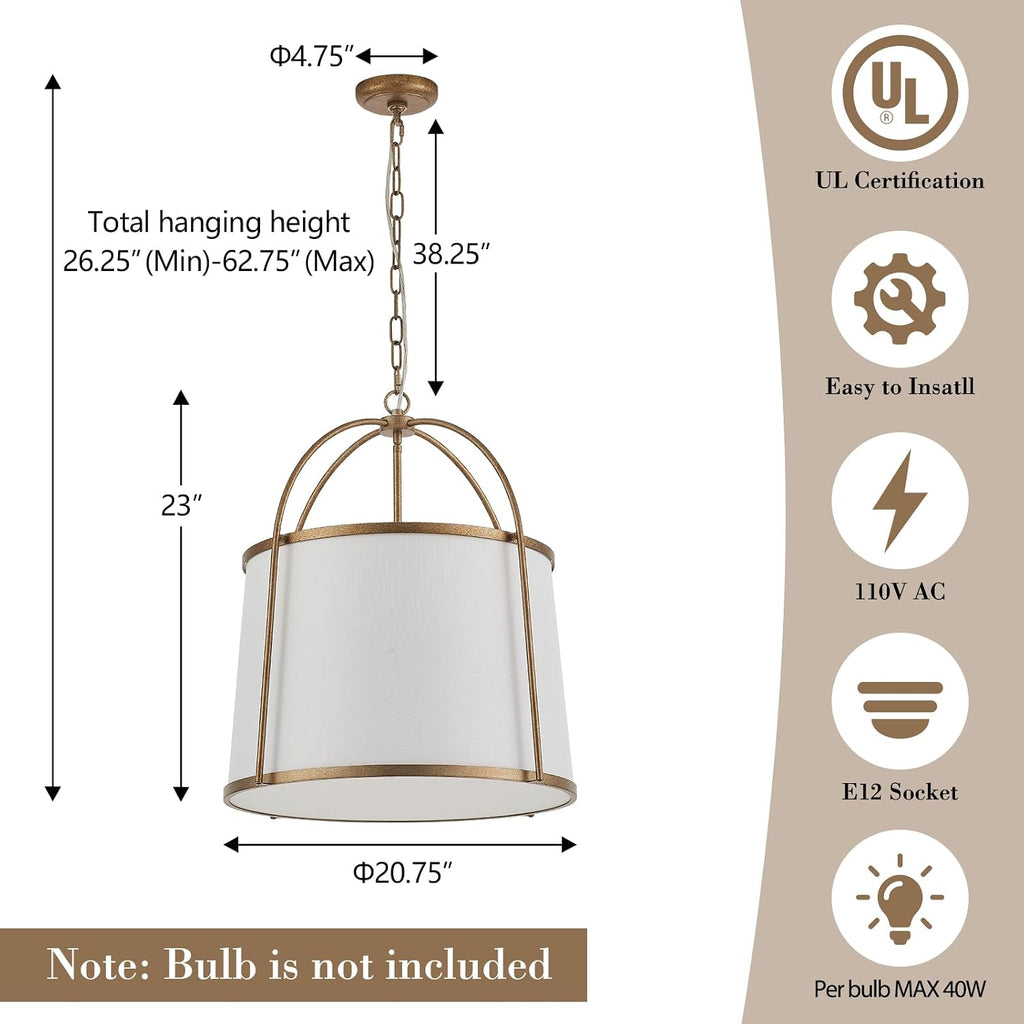 Rustic Modern Chandelier for Entryway, Dining Room Chandelier with Off-White Fabric Shade, Gold Pendant Light Fixture