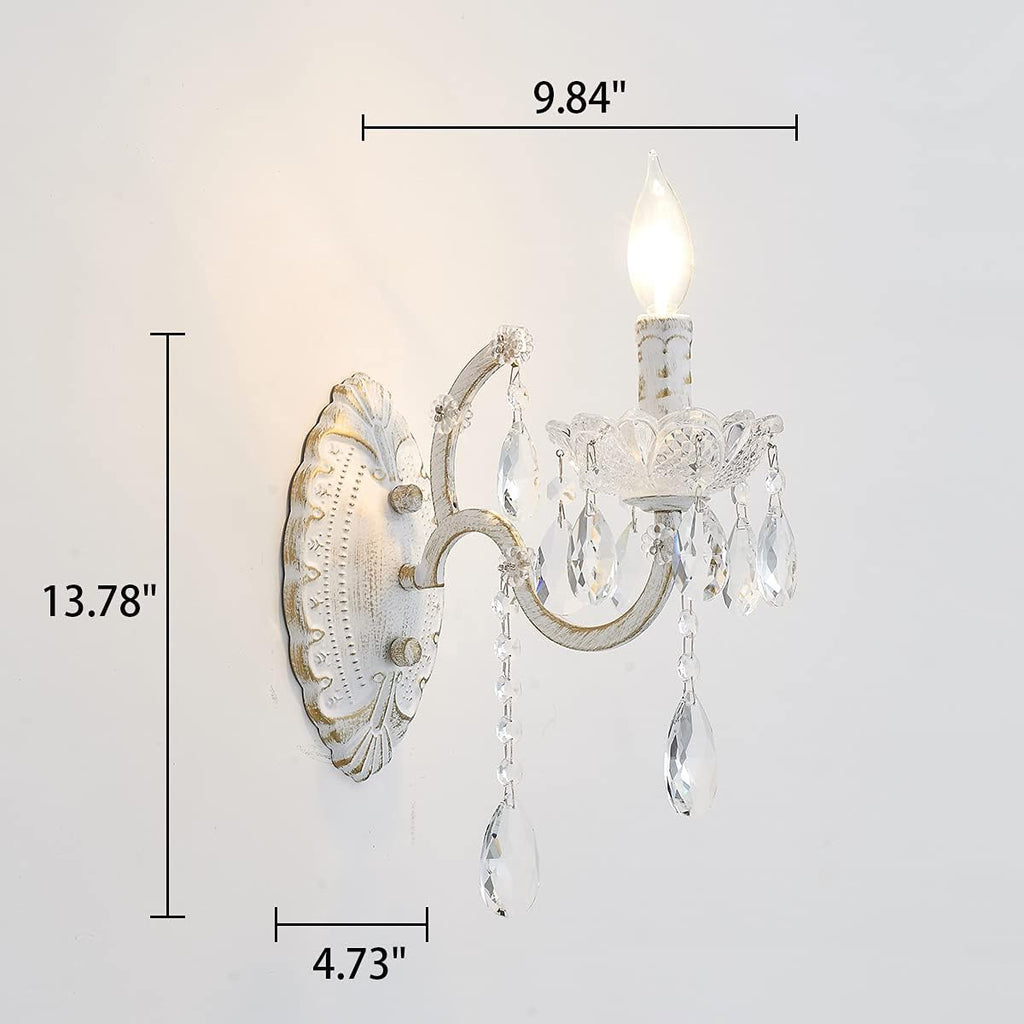 1-Light Distressed White Crystal Wall Sconce, Vintage Farmhouse Candle Style Wall Lamp, French Country Crystal Drop