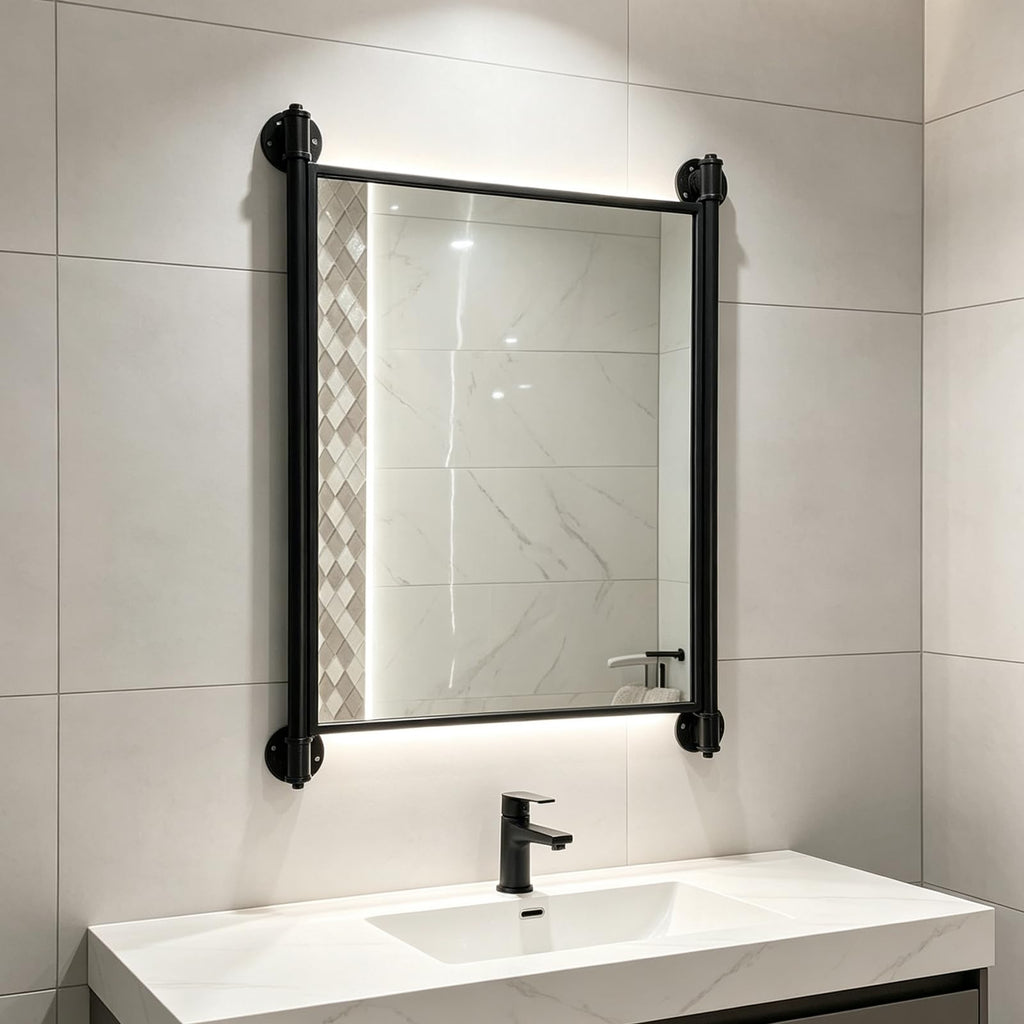 Industrial Pipe Mirror, Rustic Bathroom Mirror, Rectangle Wall Mirror