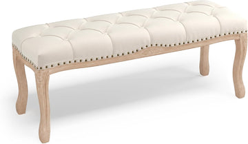 Bedroom Bench, French Vintage Tufted Entryway Bench, 45.2" Carving Upholstered End of Bed Bench with Distressed Wood
