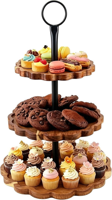 3 Tier Cupcake Stand Scalloped Wooden Dessert Display Stand Brown Tiered Serving Tray for Wedding Birthday Bridal