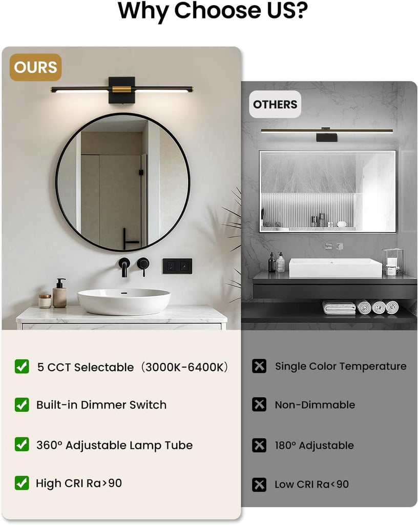 Black Gold Vanity Light , 24 inch 5CCT 360° Rotatable Bathroom Light Fixture Over Mirror Dimmable LED Vanity Lighting