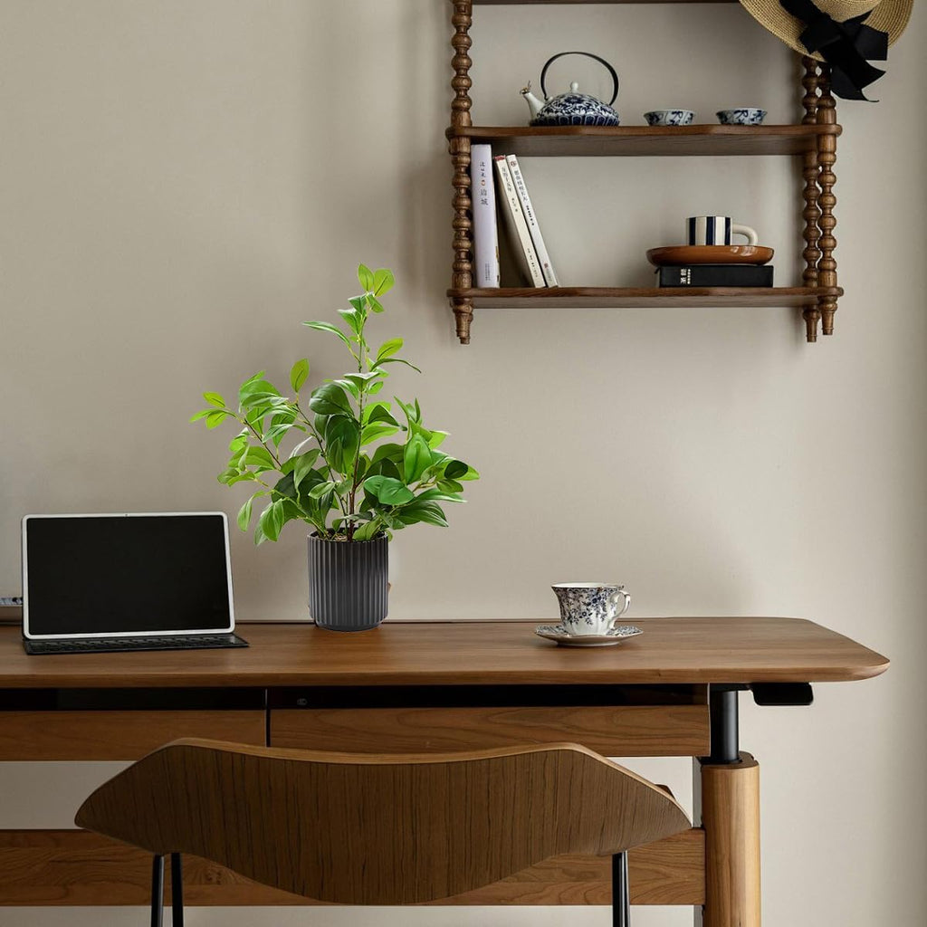 16 inch Artificial Plants Indoor Realistic Touching Evergreen Leaf Fake Plant with Creamic Black Pot Living Room