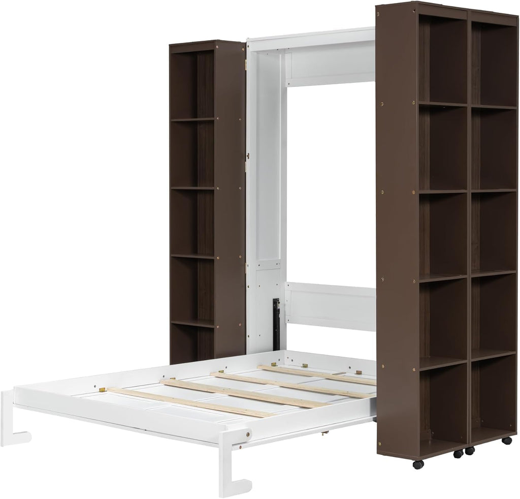 Queen Murphy Bed Cabinet with Storage Bookshelf Bookcase, Wood Hidden Foldable White Murphy Wall Bed with Storage