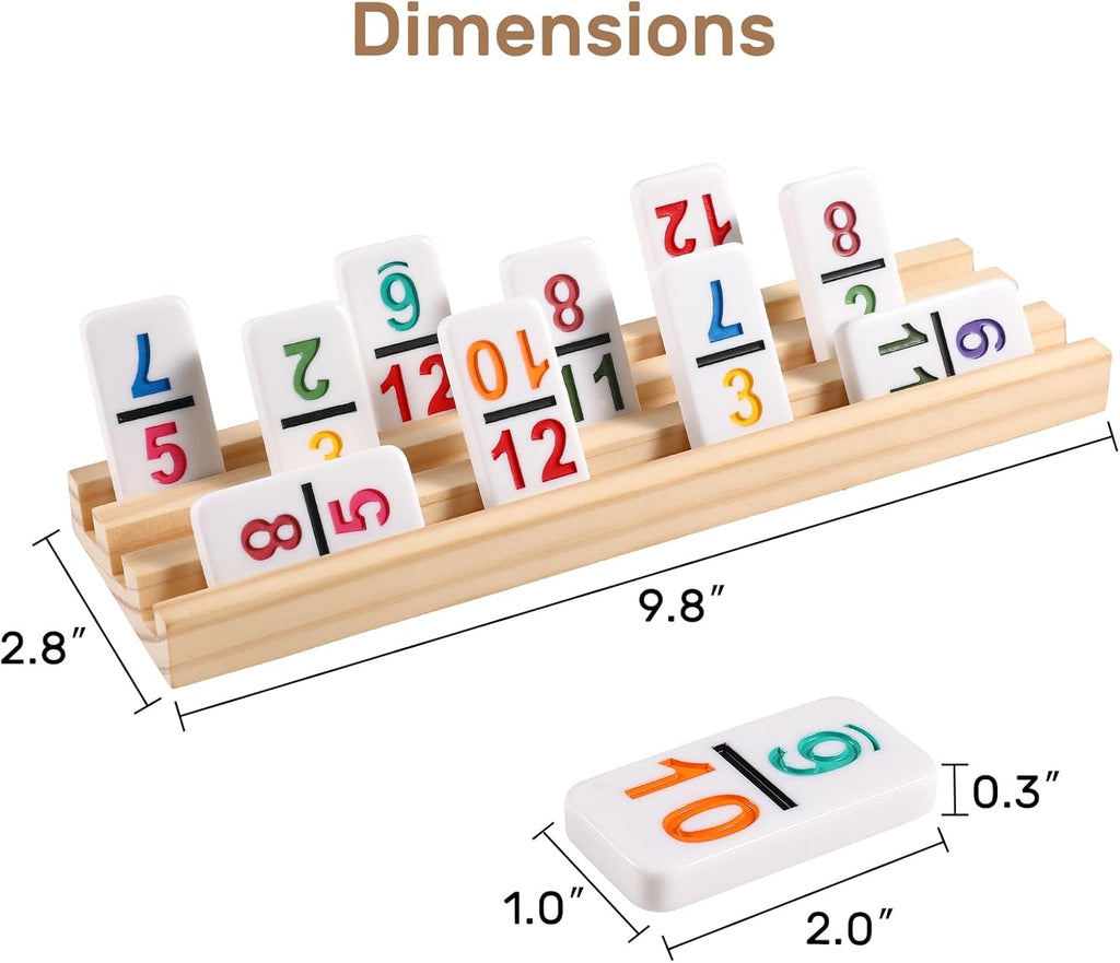 Mexican Train Dominoes Set with Numbers and 8 Wooden Trays/Racks, Double 12 Dominos Travel Set with 8 Tiles Holders