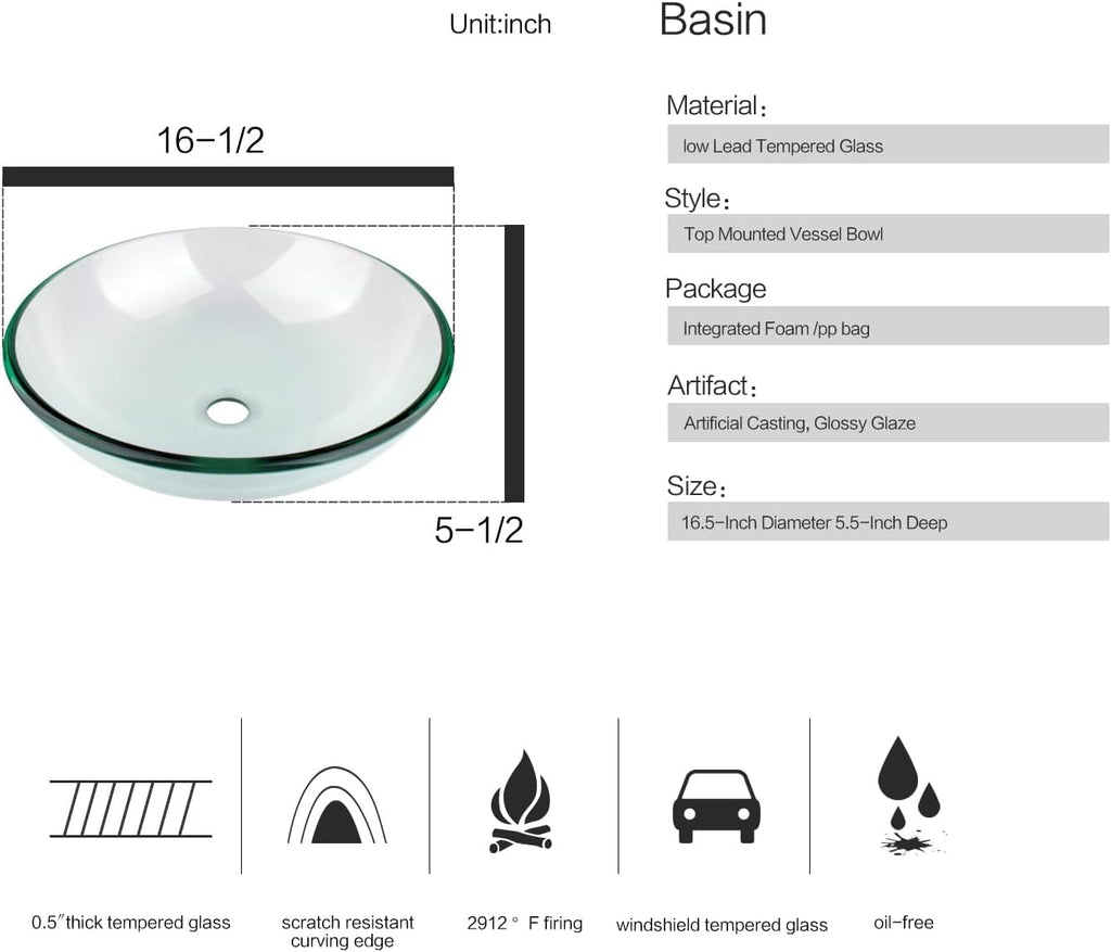 Bathroom Vessel Sink, Tempered Glass Vanity Round Bowl with Chrome Faucet and Pop up drain Set, Clear