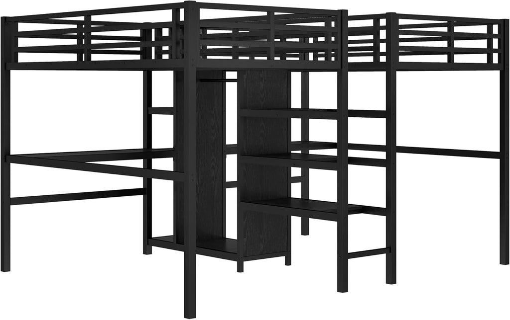 Twin Over Twin Metal Loft Bed with Desk and Wardrobe for 2 Kids,Twin Heavy Duty Double Loft Bed Frame with Charging