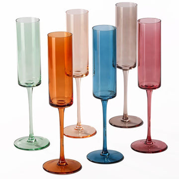 Colored Champagne Flutes Set of 6, 6.5 Oz Hand Blown Crystal Glasses, Lead-Free Colorful Glassware, Muted Vintage