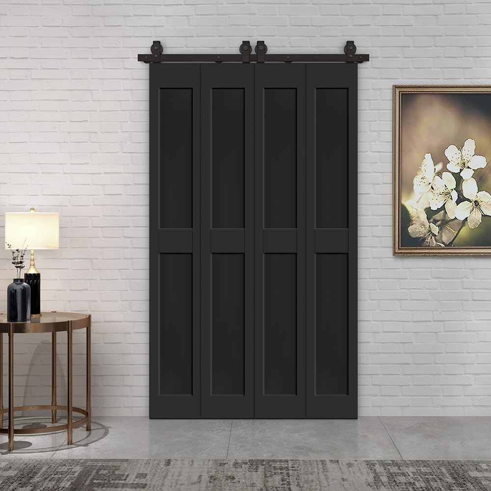 60 in. x 80 in. 2 Panel Shaker Hollow Core Black Composite Double Bi-Fold Door with Barn Door Hardwa