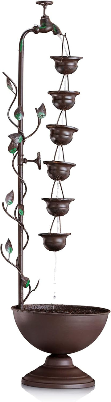 MAZ254 Outdoor Floor Tiered Vintage Water Fountain w/ 6 Hanging Cups, Soothing Tier Waterfall, 38", Bronze