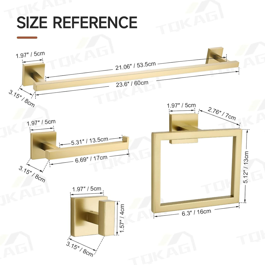 Brushed Gold Bathroom Hardware Accessories Set 10 Pieces, 23.6" SUS304 Stainless Steel Towel Bar Set Wall Mounted