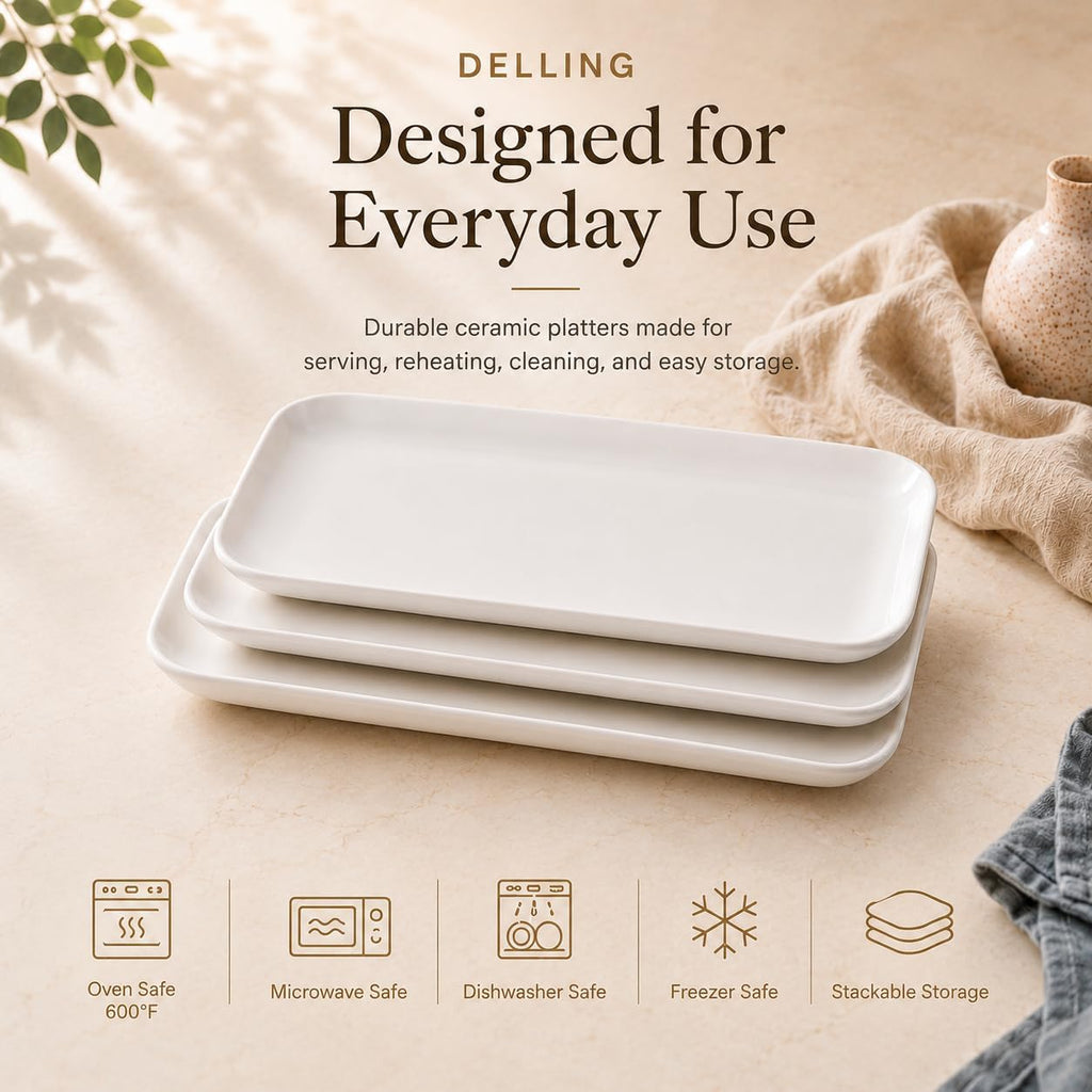 14 Inch Large Serving Platter Set of 3, White Porcelain Serving Trays for Entertaining, Rectangular Platters for