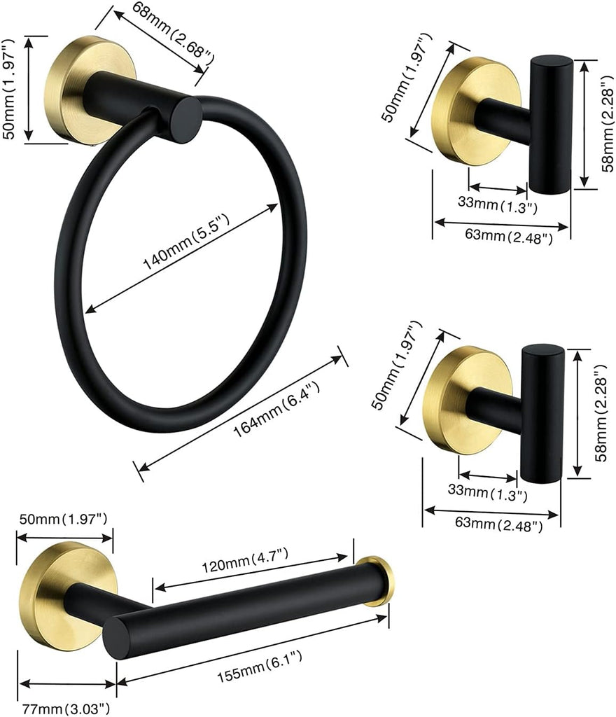 4 Piece Stainless Steel Matte Black and Brushed Gold Bathroom Hardware Set Include Hand Towel Ring Holder, Toilet