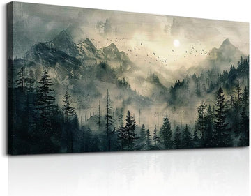 Large Framed Wall Decor Canvas Wall Art Farmhouse Wall Decorations Forest Fog Landscape Paintings Modern Pictures