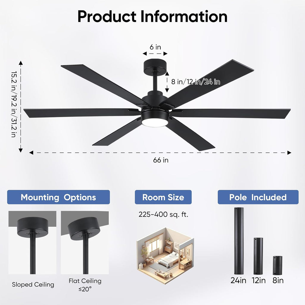 66 Inch Outdoor Smart Ceiling Fan with Light, Works with Alexa, App & Remote Control
