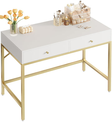 31.5" White and Gold Desk with 2 Drawers, Modern Vanity Desk