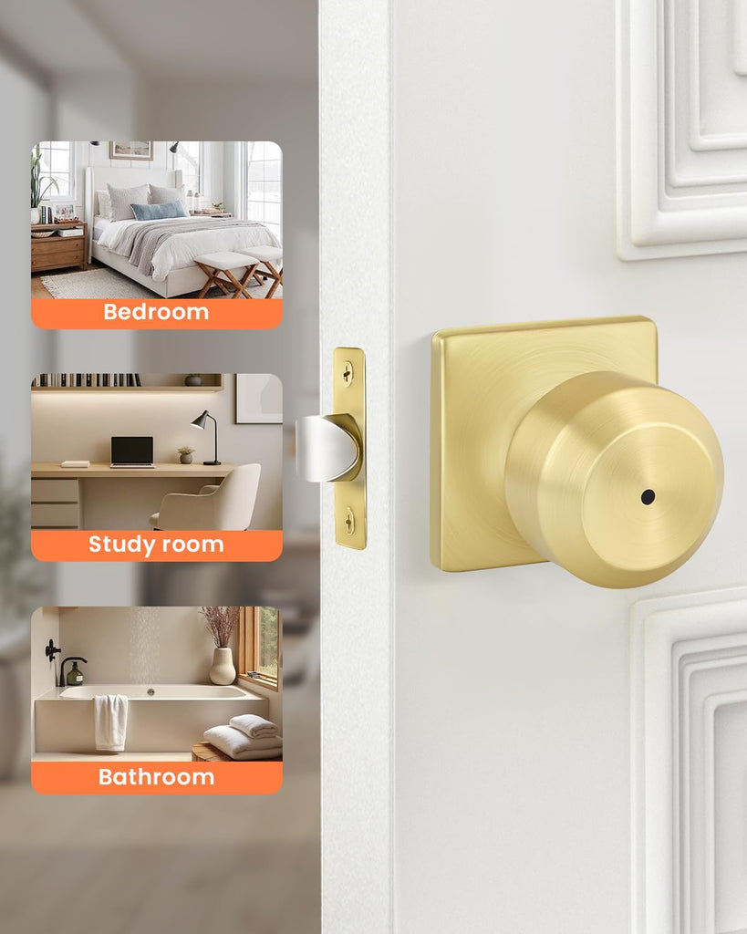 6 Pack Gold Door Knobs, Interior Door knobs, Privacy Door Knob or Bathroom, Brushed Gold Door Knob