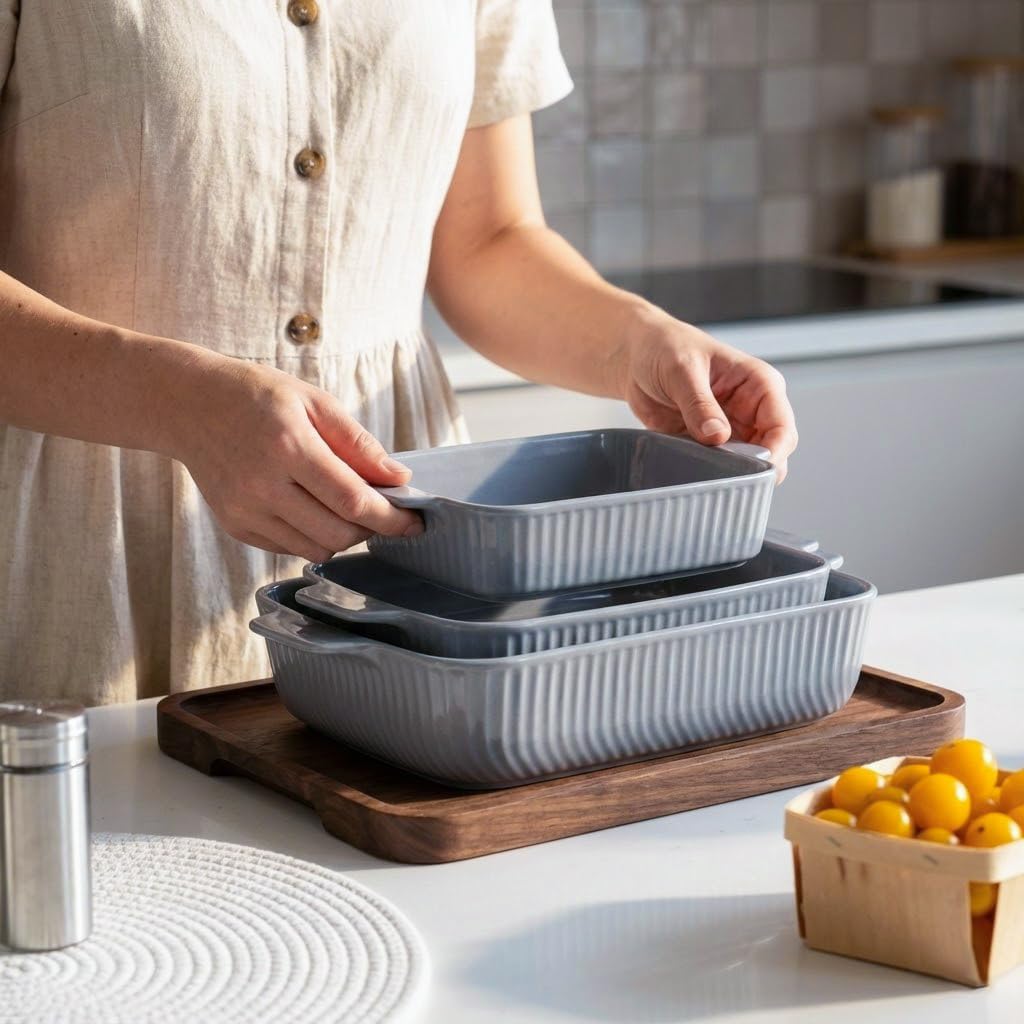 Ceramic Casserole Dishes for Oven Set of 3 Pcs Rectangular Bakeware Set with Handle for Steak Beef Pan Roast Chicken