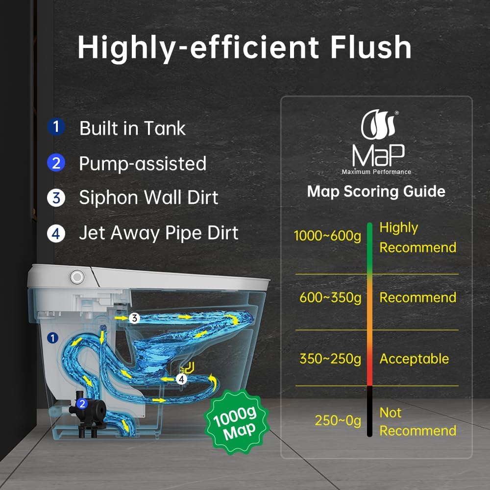 Smart Toilet Bidet with Tank Built In,Auto Open Close Lid,ADA Comfort Height,Dual Auto Flush,1000 Gram MaP