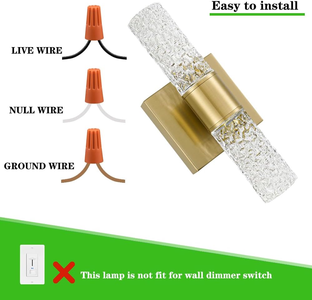 Crystal LED Wall Sconces Set of 2, Brushed Gold Bathroom Light Fixtures, Modern Bathroom Sconce Lights with Wired LED